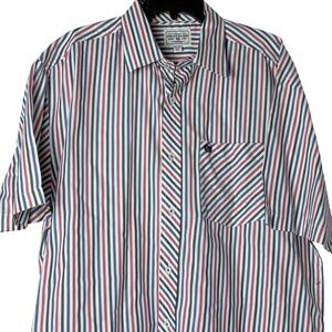 Y2K Phat Farm Shirt Mens 2XL Red Navy Blue Striped Button Up Short Sleeve Cotton